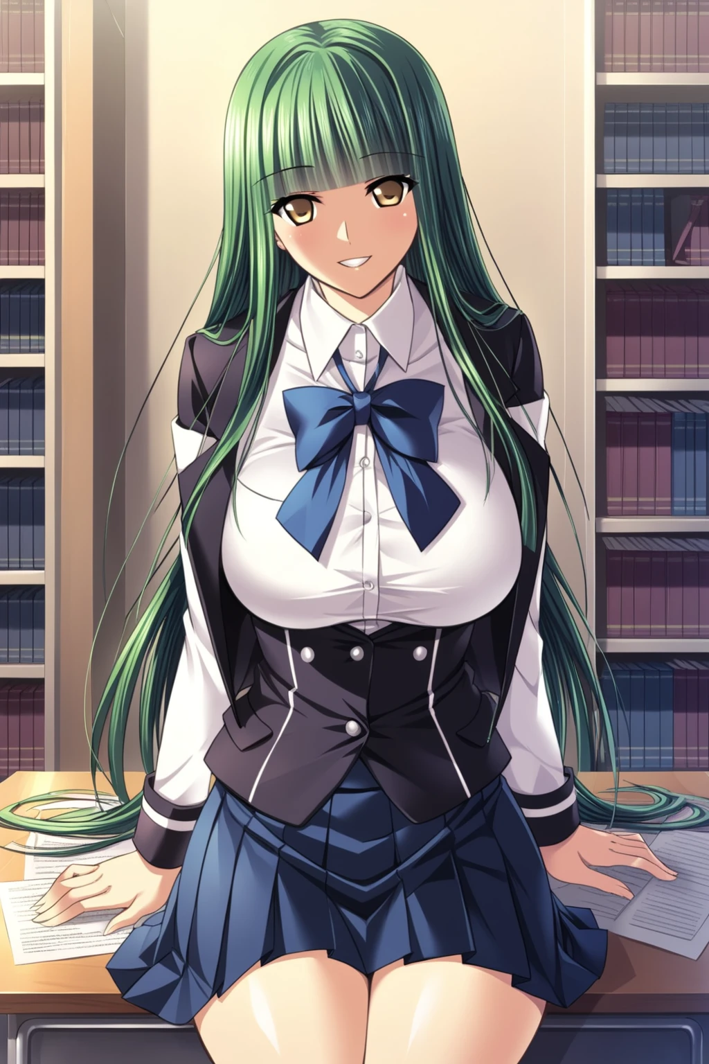 masterpiece, best quality,   <lora:akashiyamoka-nvwls-v1-000008:0.8> outermoka, pink hair, green eyes, choker, cross chain, cleavage, green blazer, green jacket, plaid skirt, (huge breasts:0.8), sitting, chair, table, reading book, smile