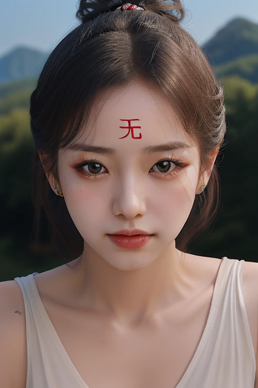 ((无)), ((无)), ((无)), forehead, close-up, face focus, upper body, 1girl, cute, a pretty woman, young, petite, updo, collarbone, hilltop, sky, <lora:无:1>