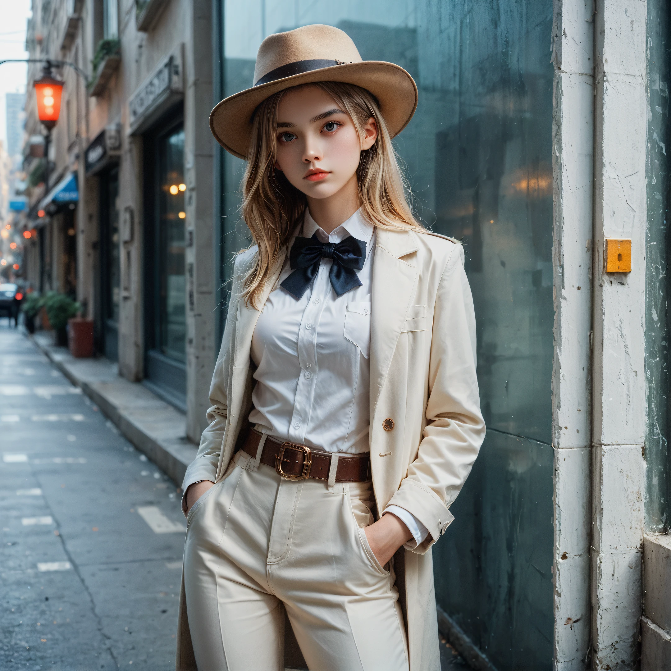 score_9,score_8_up,score_7_up,
front_side_view,upper_body,face_focus,
1girl,perfect_face,thin_face,looking_at_viewer,leaning_on_wall,hand_in_pants_pocket,sideways,posing,watson_cross,white_impossible_tight_collared_shirt,short_coat,bow_tie,white_capri_pants,belt,fedora,narrow_waist,large_breasts,long_legs,slim,long_wave_hair,blonde_hair,
city_view,glass_windows,wall_lamp,street,
unique_pose,unique_perspective,wide_view,expressiveh,volumetric_lighting,vivid_colours,rembrandt_lighting,blurry_background,depth_of_field,high_contrast,dramatic_shadows,dramatic_lighting,highly_detailed,high_contrast,film_grain,