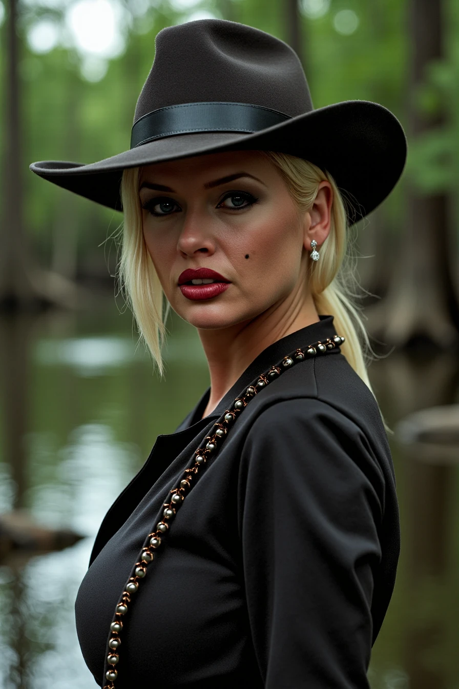 <lora:Sarenna_Lee_Flux:1.05> professional photo, close-up portrait of a 40yo woman in a cowboy outfit as a bounty hunter from the 1880s, cinematic, dark mood, eerie Lousiana swamp in the background, bokeh