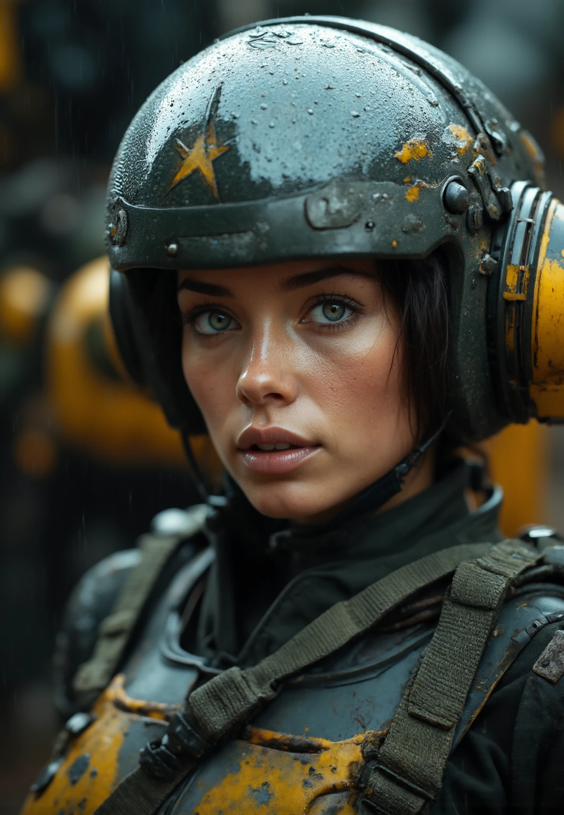 cinematic film still portrait of a solo female mech pilot standing in front of her (large combat mech:1.3), scifi armor, military base, heavy rain, full scifi helmet, visor, detailed eyes, dry skin, skin fuzz, visible skin hair, skin blemishes
,, shallow depth of field, vignette, highly detailed, high budget Hollywood film, bokeh, cinemascope, moody, epic, gorgeous, film grain ,caldariflux