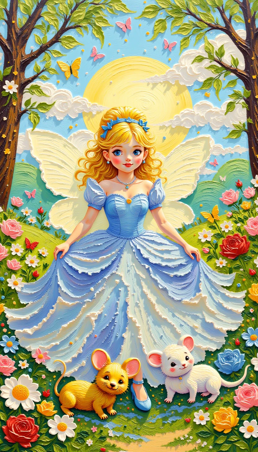 pinkoilpainting,A charming, whimsical image of Cinderella surrounded by mice friends and sparkling fairy dust on a sunny day