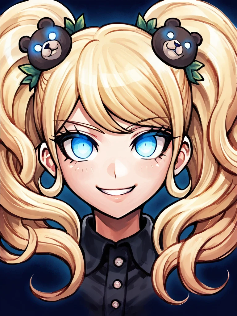 score_9, score_8_up, score_7_up, 
1girl, blonde hair, twintails, wavy hair, bear hair ornament, smile, blue eyes, glowing eyes, face, looking at viewer, black background,