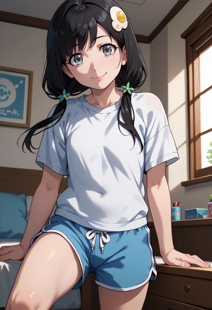 score_9, score_8_up,
1girl, <lora:TsukihiAraragi_OffSeason_PDXL:1>, offtsukihi, black hair, low twintails, grey eyes, egg hair ornament,
dolphin shorts, t-shirt, 
slight smile,
indoors