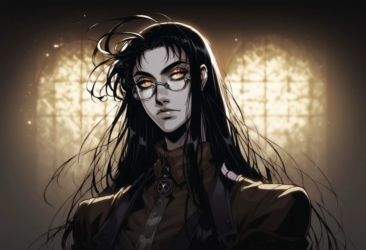 score_9, score_8_up, score_7_up, Neonhades, hellsing_ultimate_style, portrait, beautiful, dramatic lights. 1girl, ripvanwinkle. ripvanwinklehellsing. glasses, long hair, black hair, pale skin,