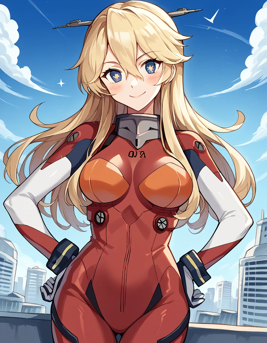 score_9, score_8_up, score_7_up, source_anime, <lora:kancolle-iowa-ponyxl-lora-nochekaiser:1>, iowa, iowa (kancolle), blonde hair, blue eyes, large breasts, hair between eyes, long hair, star-shaped pupils, symbol-shaped pupils, star (symbol),, <lora:souryuu-asuka-langley-cosplay-ponyxl-lora-nochekaiser:1>, souryuuasukalangleycosplay, souryuu asuka langley (cosplay), bodysuit, pilot suit, plugsuit, red bodysuit, interface headset,, cityscape, smile, blush, hands on hips,, , cowboy shot, dutch angle