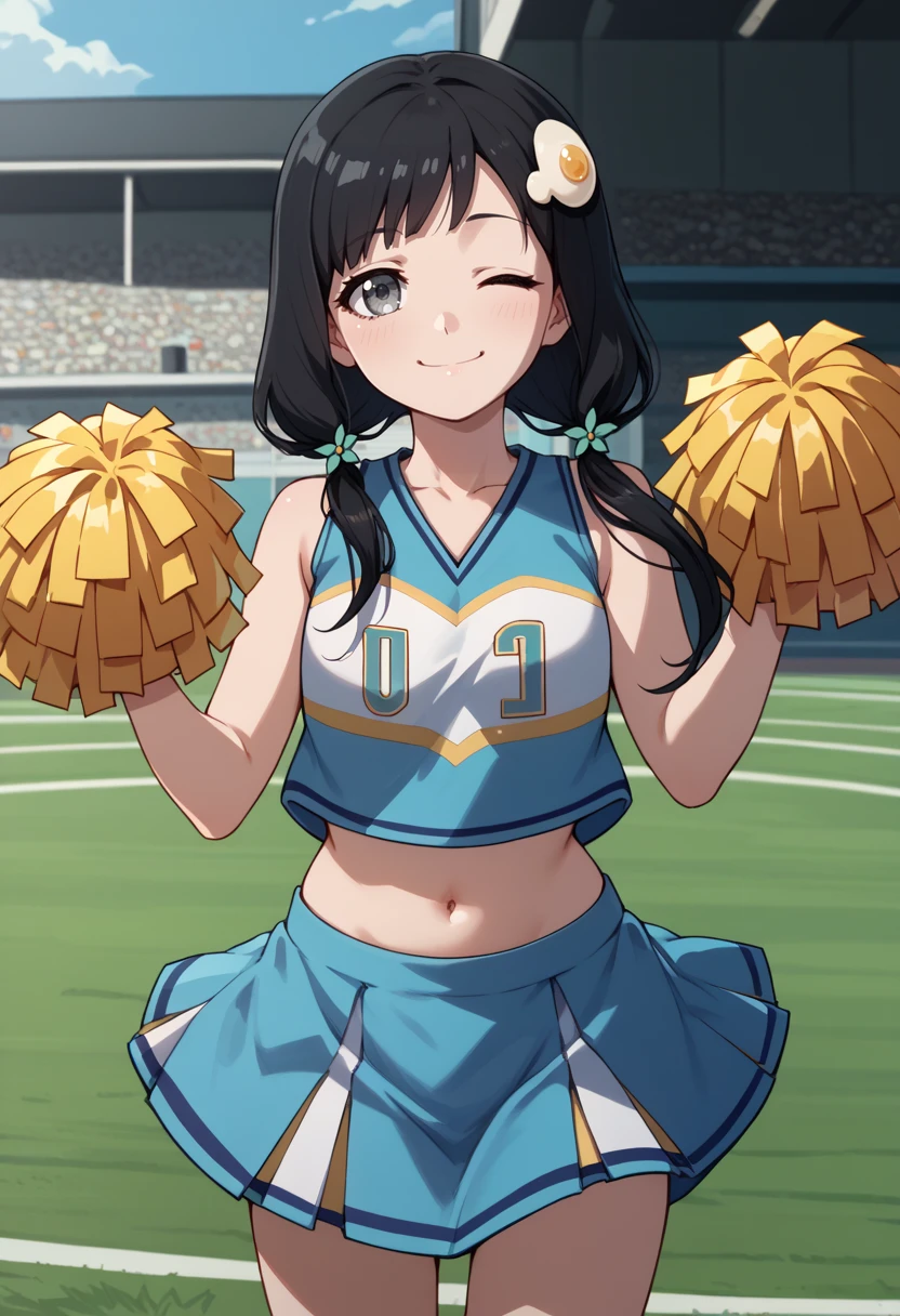 score_9, score_8_up,
1girl, <lora:TsukihiAraragi_OffSeason_PDXL:1>, offtsukihi, black hair, low twintails, grey eyes, egg hair ornament,
cheerleader, navel,
one eye closed, smile,
outdoors