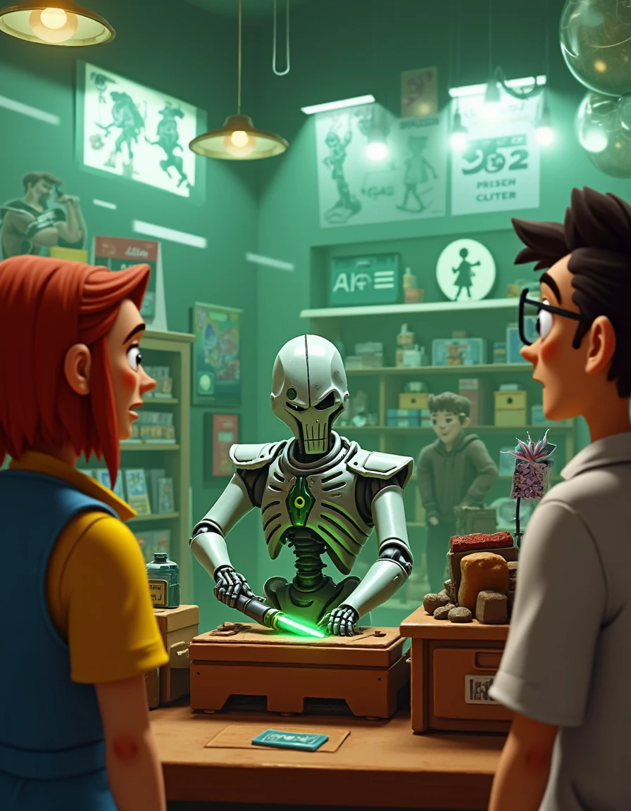 In Pixar-style animation, a Necron stands behind a cash register in a brightly lit retail store, awkwardly scanning items with a glowing green laser. Its expressionless face and rigid movements contrast with the cheerful atmosphere, while customers look on in bemused confusion.