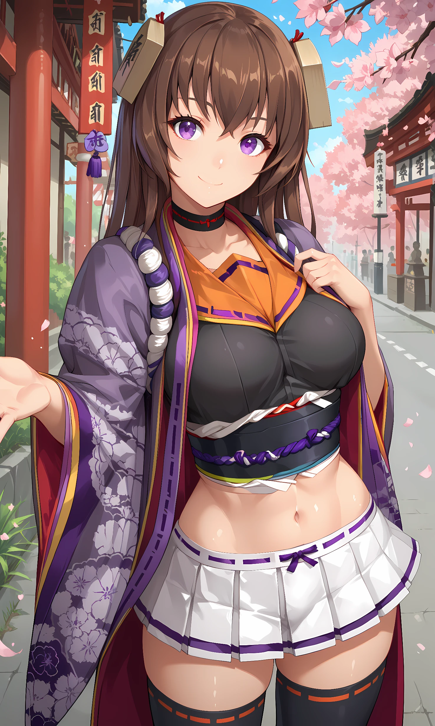 score_9, score_8_up, score_7_up, source_anime, 1girl, solo, outdoors, street, cherry blossoms, cowboy shot, standing, looking at viewer, shiny skin, tokugawa, purple eyes, brown hair, long hair, hair ornament, choker, crop top, orange serafuku, black sash, (purple kimono:1.3), open kimono, wide sleeves, kimono print, midriff, white skirt, microskirt, ribbon-trimmed skirt, black thighhighs, ribbon-trimmed legwear, reaching out, selfie, smile, closed mouth, black top