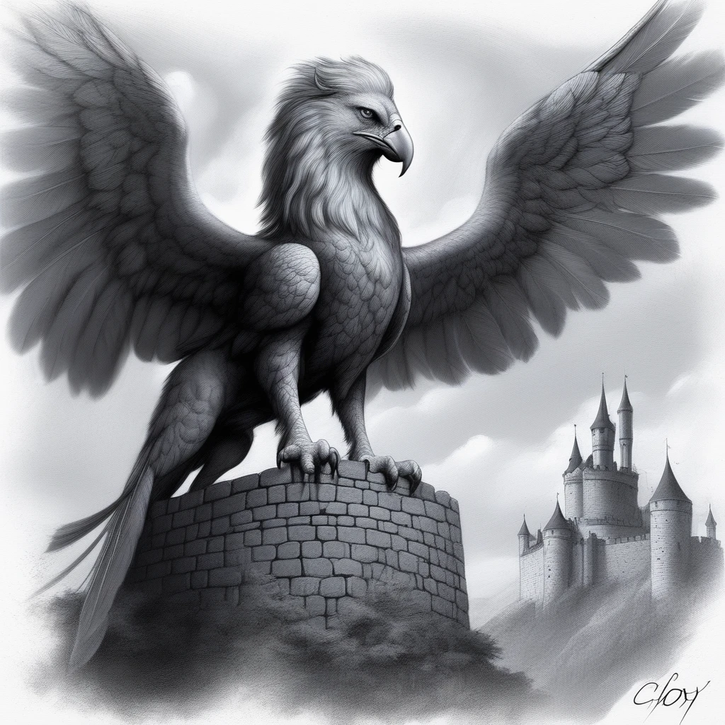 fantasy art of a griffin on top of a castle, claudio_aboy