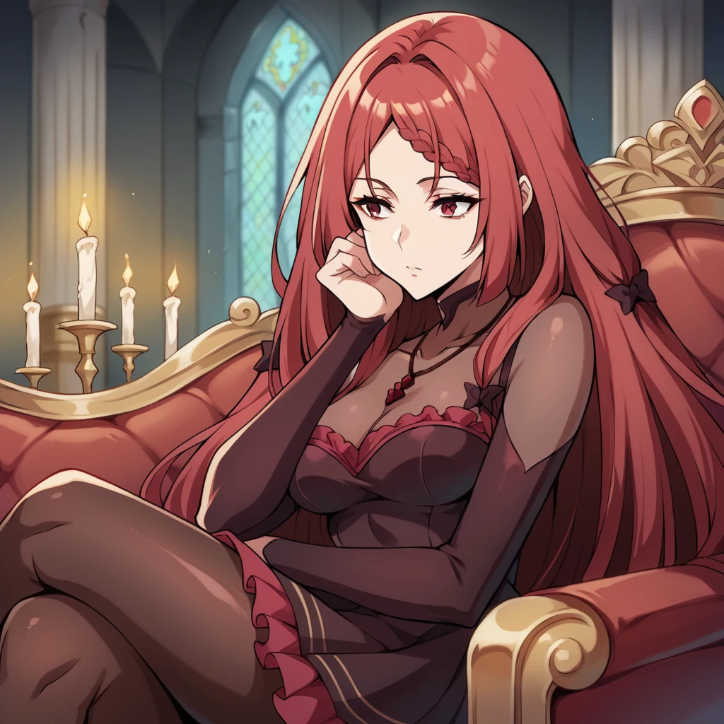 score_9_up, score_8_up, score_7_up, source_anime, 1girl, solo, Elisabeth, gothic castle, candles, bedroom, sitting on couch, crossed legs, bored, head rest, looking ahead, from side, red hair, long hair, red eyes, pantyhose, pleated skirt, layered skirt, frilled skirt, frilled dress, maroon sleeves, dark red sleeves, long sleeves, strap dress, shoulder straps, necklace, covered collarbone, dark red bow, braided bangs, covered breasts, maroon dress, dark red dress, mature body, dynamic cowboy shot, indoors, gothic background