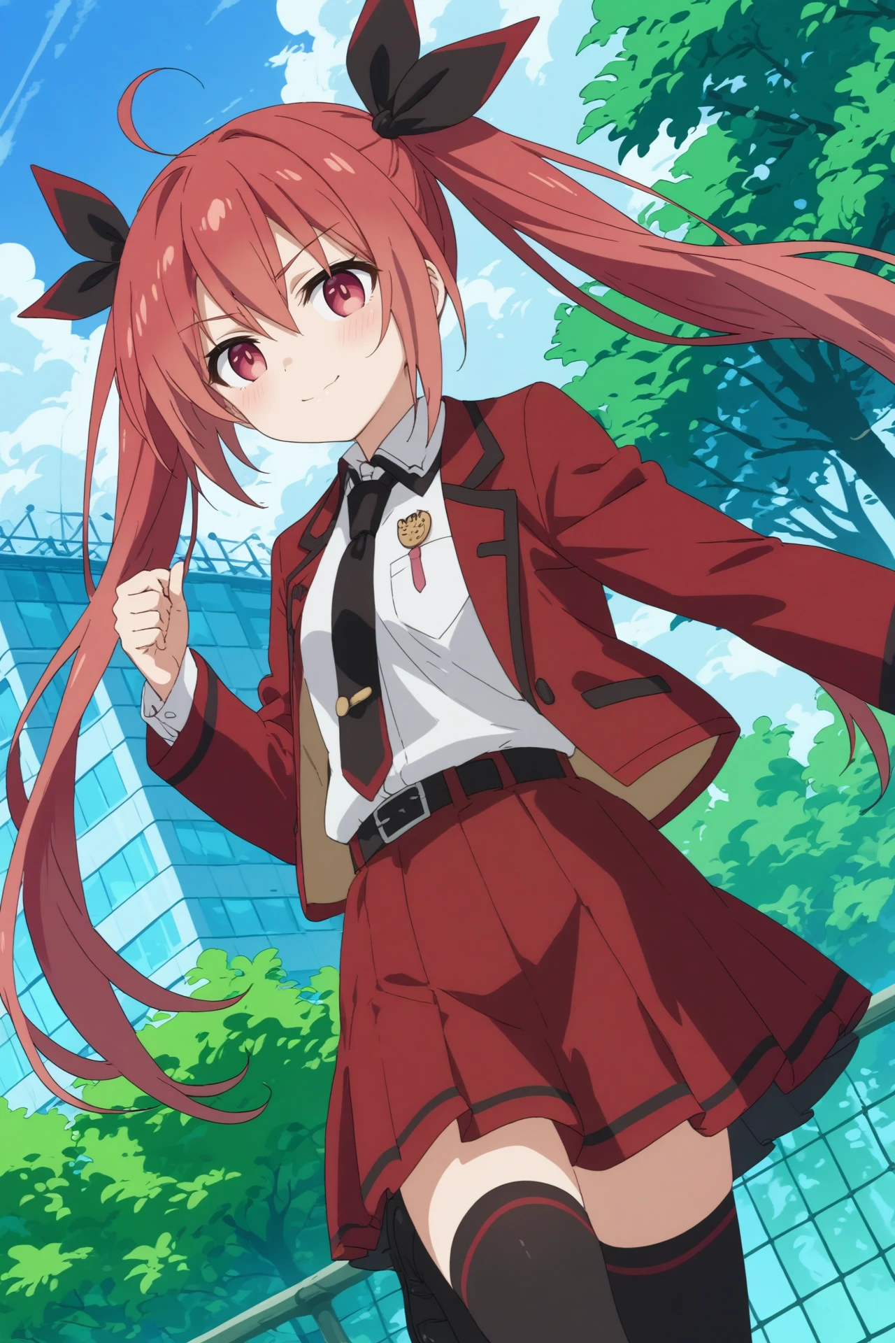 ribbon, hair ribbon, skirt, shirt, thighhighs, school uniform, jacket, white shirt, necktie, belt, black thighhighs, zettai ryouiki, red skirt, jacket on shoulders, red jacket, long sleeves, white sleeves <lora:kotori_itsuka_-_date_a_live:0.8>