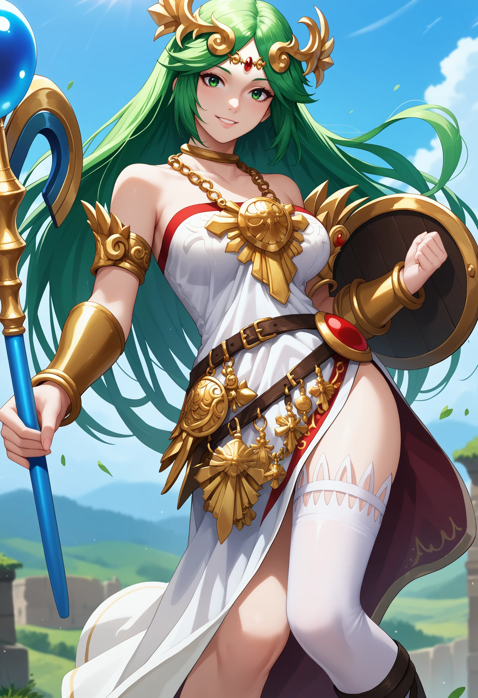 score_9, score_8_up, score_7_up, 1girl, plutena, green eyes, green hair, parted bangs, large breasts, forehead jewel, diadem, neck ring, gold choker, jewelry, gold chain, pendant, necklace, vambraces, armlet, circlet, tiara, collarbone, bare shoulders, strapless dress, white dress, multiple belts, side slit, single thighhigh, white thighhighs, <lora:Palutena_pdxl_Incrs_v1:1>, staff, shield, air, flying, jumping, outdoors, smile,