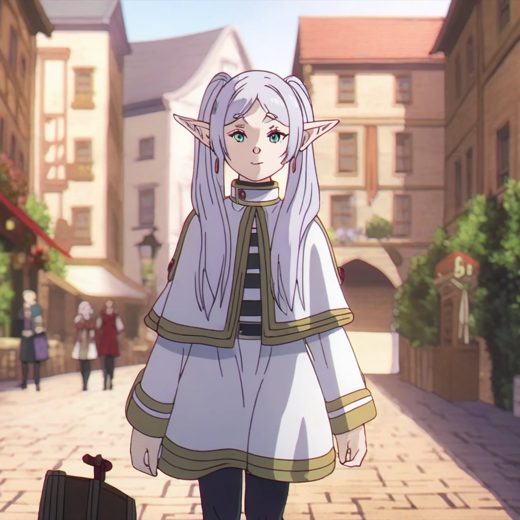 frieren, 1girl, long hair, white hair, looking at viewer, long sleeves,   pointy ears,   elf,  city, standing, smile, best quality