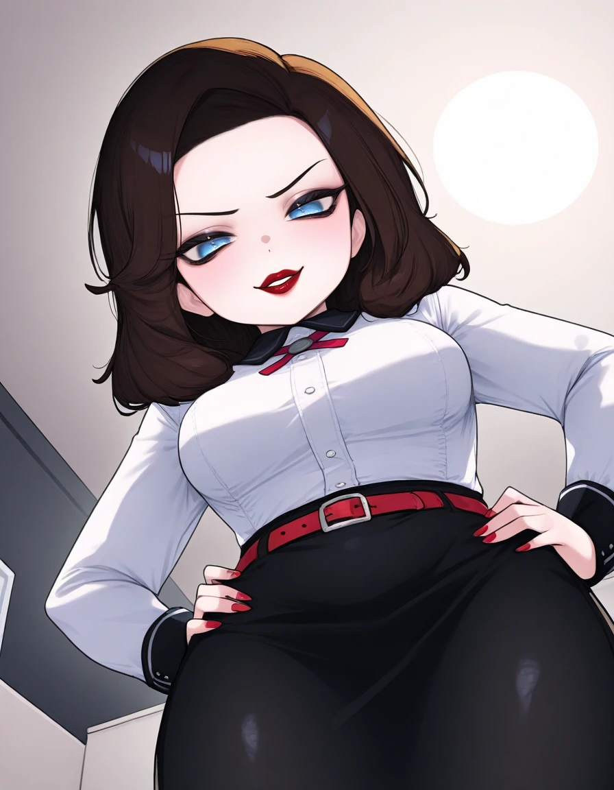 masterpiece, best quality, very aesthetic, absurdres,uncensored, gloss,kashu \(hizake\),
BREAK,
elizabeth bas, fishnets, 1girl, skirt, fishnet pantyhose, shirt, pantyhose, brown hair, solo, black skirt, belt, red lips, white shirt, blue eyes, long sleeves, standing, breasts, lips, collared shirt, makeup, pencil skirt, parted lips, lipstick, indoors, medium breasts, neck ribbon, wing collar, red belt, long skirt, medium hair, buttons, looking at viewer, smug, hands on own hips, seductive smile, bedroom, from below, 
<lora:elizabeth_bas_illust:0.8>
<lora:kcc_illustrious_v1:0.8>