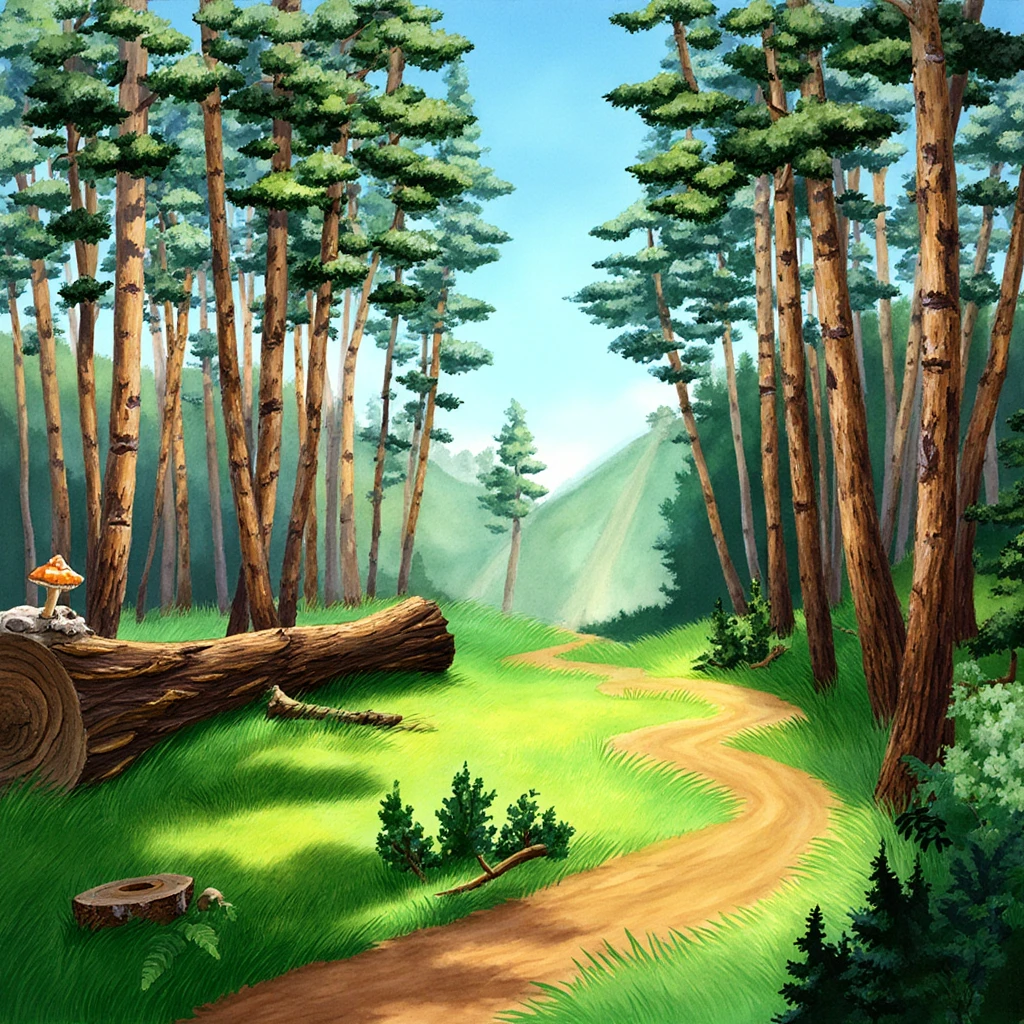 TThe PIVIG image style. This is a vibrant, highly detailed, digital illustration of a serene forest scene. The image showcases a lush, sunlit forest with tall, slender trees, predominantly birch and pine, with their trunks a mix of brown and tan colors. The trees are spaced evenly, creating a sense of depth and perspective. The forest floor is covered in vibrant, lush green grass, with a winding dirt path meandering through the center, leading the eye into the scene. 

In the foreground, a fallen log, covered in moss and mushrooms, adds a textured, earthy element. The ground is rich with various plant life, including ferns and other foliage, adding to the dense, verdant atmosphere. 

The sky above is a gradient of soft blue, transitioning from a lighter hue at the top to a deeper shade at the horizon, suggesting a clear, sunny day. The light filtering through the trees casts dappled shadows on the forest floor, enhancing the sense of depth and texture.

In the background, a couple of trees are slightly obscured, their trunks blending into the distance, while the rest of the scene is filled with the rhythmic pattern of tree trunks and foliage.