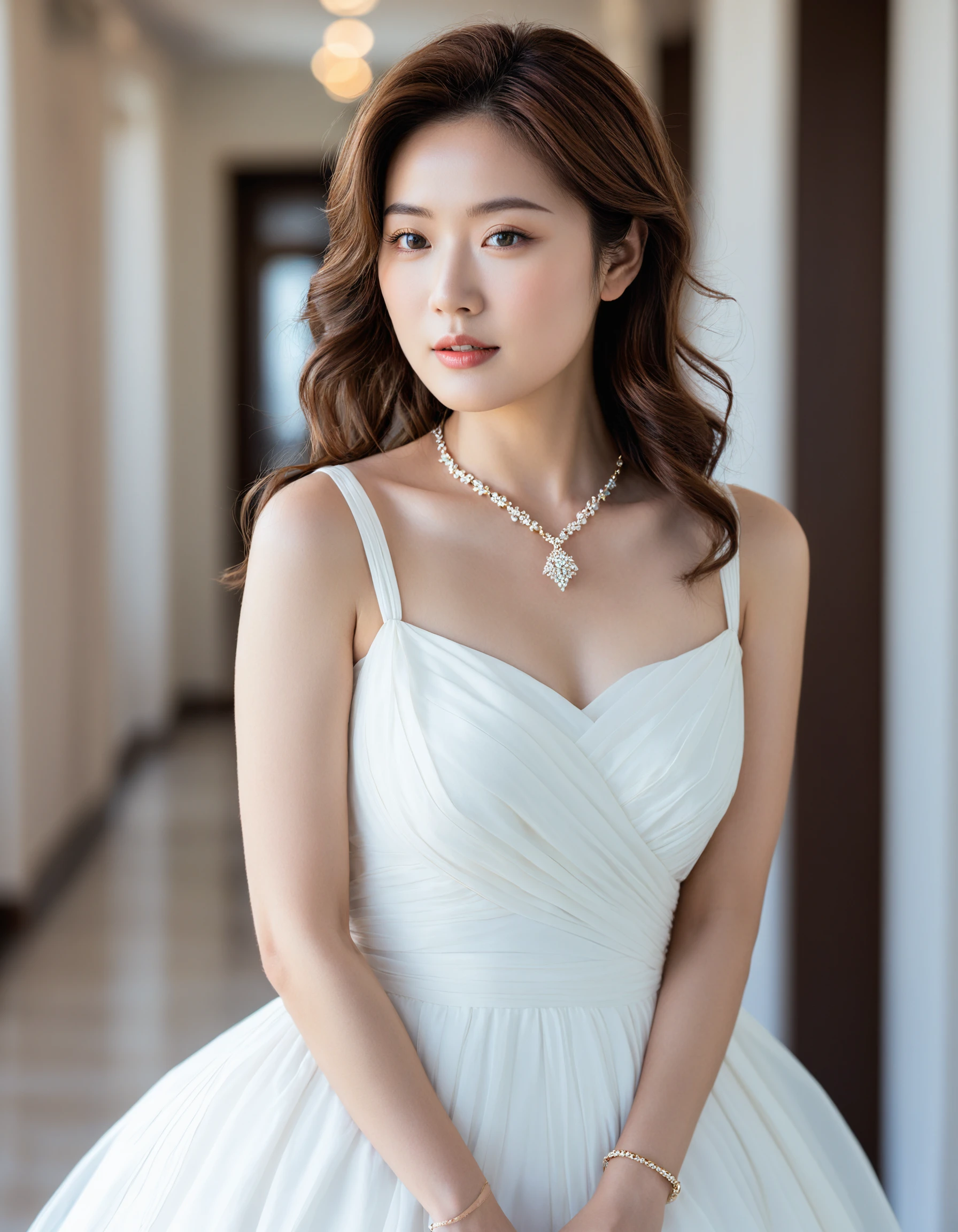 A masterpiece of a photograph. Capture a stunning, close-up portrait of an Asian female wearing a flowing white dress, her brown hair styled with precision. Her gaze meets the viewer's, exuding confidence and poise. The indoor setting is bathed in bright, high-contrast daylight, casting a soft bokeh around her features. Fashion accessories adorn her neck and wrists, adding elegance to the scene. The simple, white background provides a clean canvas for the subject's beauty to shine.