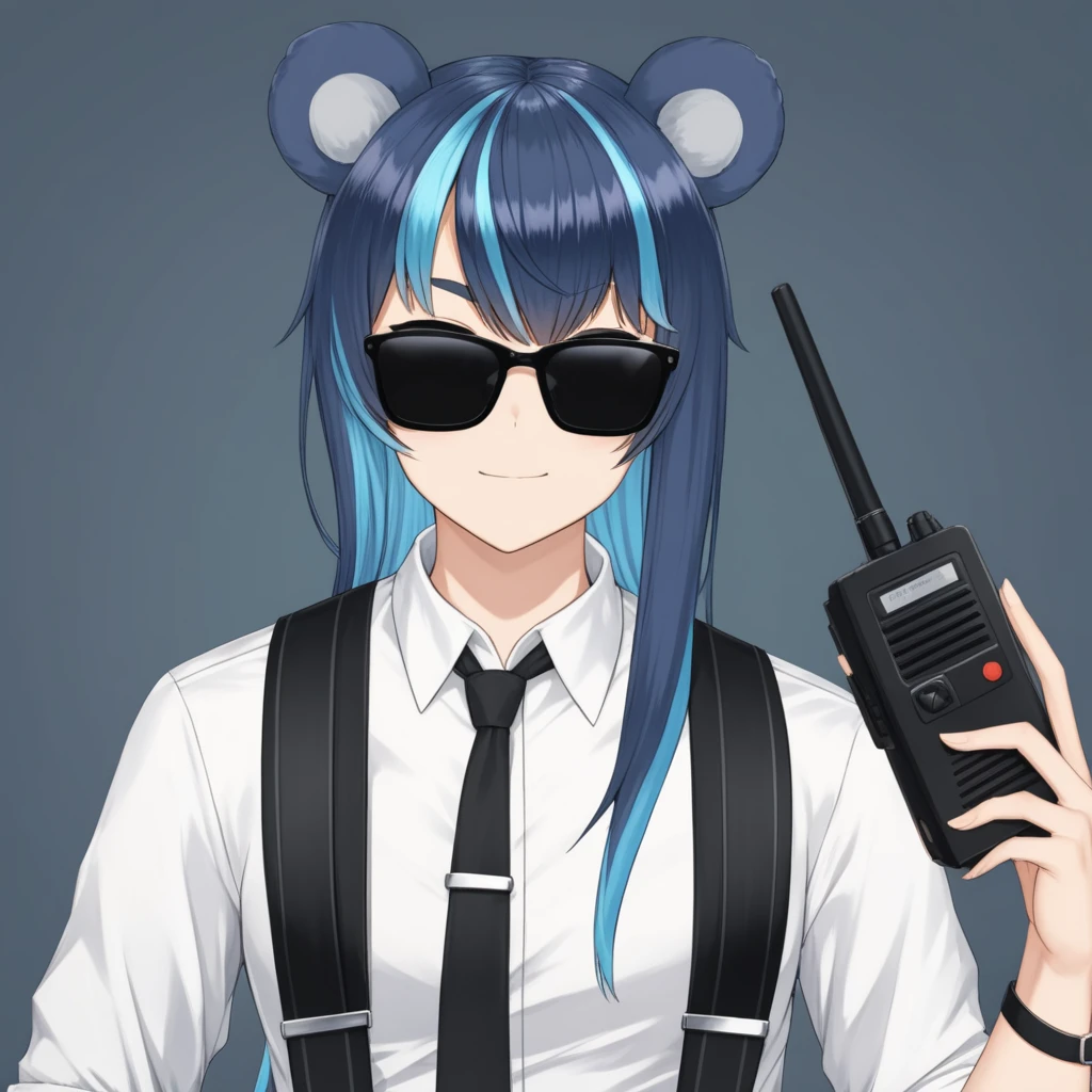 uruka, alternative outfit, bear ears, long blue hair, streaked hair, bangs, virtual youtuber,
collared white shirt, black suspenders, blue and black tie, black shades,
holding a walkie talkie, 
 <lora:URUKA-XLv2-t1:0.6>