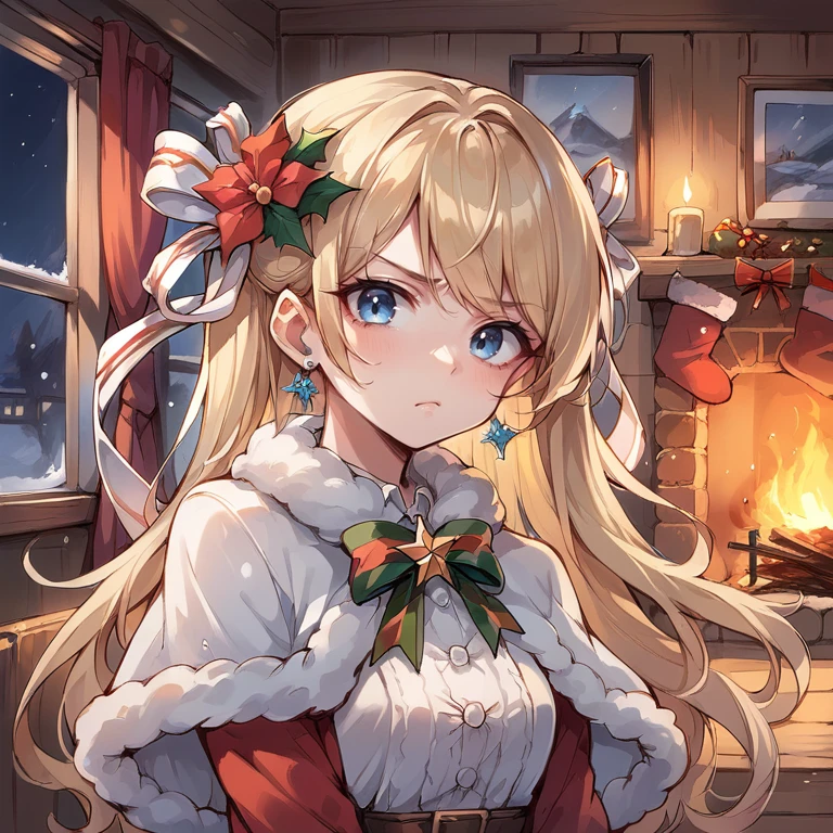 (score_9, score_8_up, score_7_up), source anime,  <lora:backgroundsetXL:0.2> , background,  indoor, interior, winter, log cabin, fireplace, sparkles, BREAK
<lora:Priscilla:0.6> , prdef, 1girl, blonde hair, blue eyes, long hair, hair ornament, hair ribbon, white hair ribbon, neck ribbon, yellow neck ribbon, hair flower, earrings, capelet, fur-trimmed capelet, pout, frown, ((close-up, face)), christmas (theme), white shirt, dress, perfect hands, arms at sides, looking at viewer, <lora:3th3r34lXLP:0.5> , 3th3r34l,