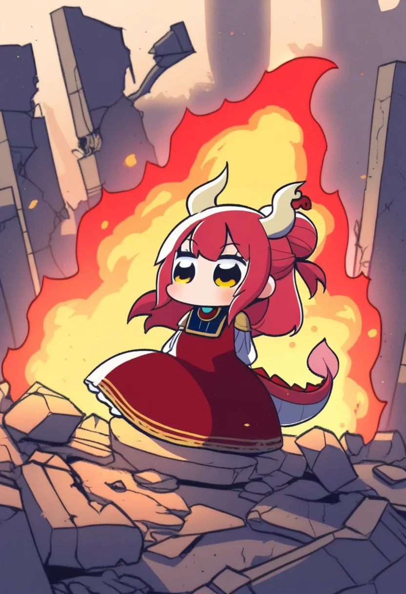 (noodlenood:0.5), (negiwo:0.75), neki_(wakiko), naga u, bkub, Solo, Villainess, red-hair, long-hair, half-updo, fire-mage, long-dress, red-dress, gold-trim, fire, ruins, monster-girl, dragon-tail, dragon-horns, sticker, dragon-symbol,
absurdres, highly-detailed, best quality, masterpiece, amazing shading, detailed illustration,