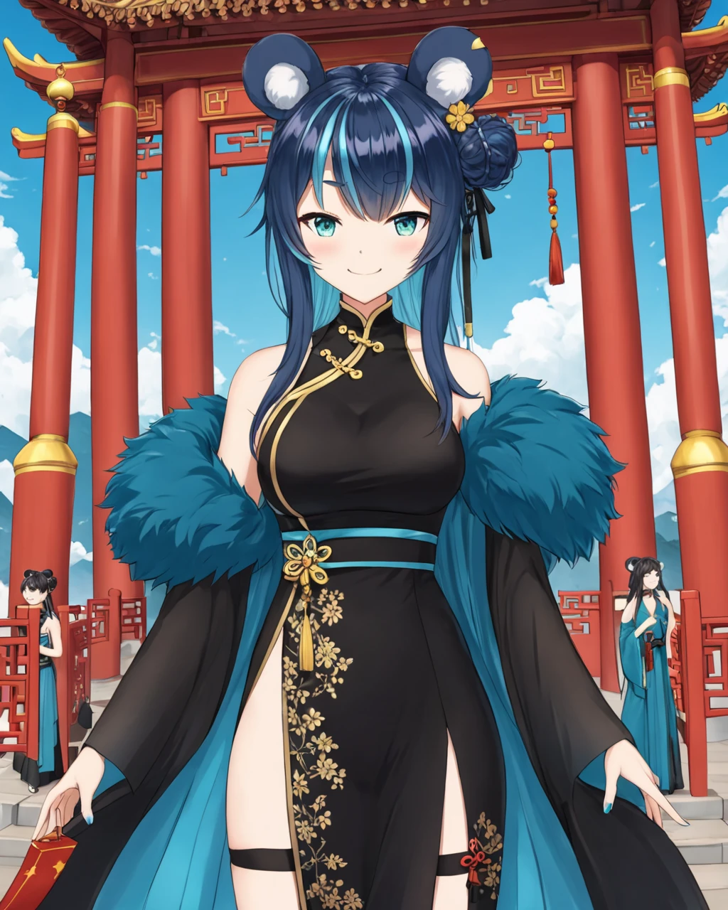 uruka, alternative outfit, animal ears, aqua eyes, bare shoulders, black legwear, blue hair, breasts, china dress, chinese clothes, double bun, long hair, looking at viewer, smile, solo, fluffy dress
smile, solo, virtual youtuber, anime drawing, festival background, shading, ultra-detailed, upper body
 <lora:URUKA-XLv2-t1:0.6>