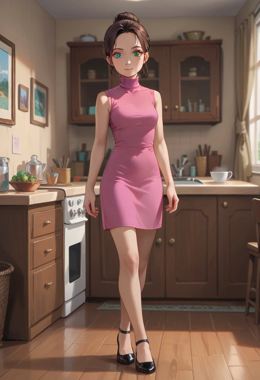 score_9, score_8_up, score_7_up detailed face, detailed eyes, 1girl, solo, lyub0v, short hair, brown hair, hair bun, aqua eyes, pink sleeveless turtleneck, black flats, room, standing,