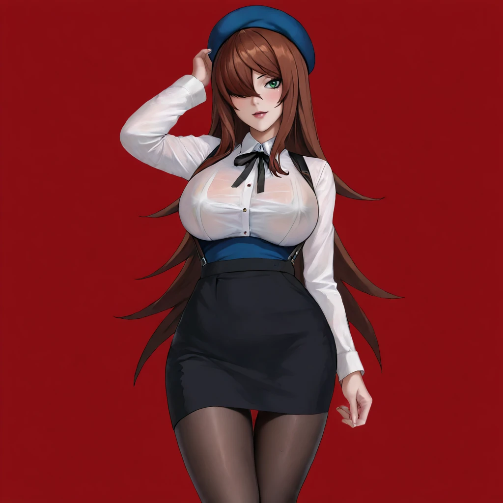 <lora:terumimei_pony_v1:.8> TerumiMei, 1girl, long hair, brown hair, hair over one eye, green eyes, large breasts,makeup,, cowboy shot  <lora:0902 Home wear 5_v1_pony:1> ruanyi0902,beret,black ribbon,collared shirt,black pantyhose,high-waist skirt,white shirt,suspenders