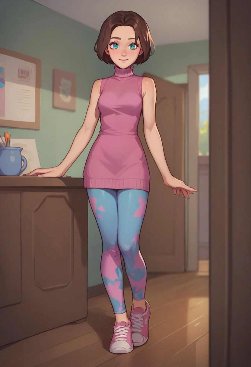 score_9, score_8_up, score_7_up detailed face, detailed eyes, 1girl, solo, lyub0v, short hair, brown hair, aqua eyes, pink sleeveless turtleneck, leggings, shoes, room,