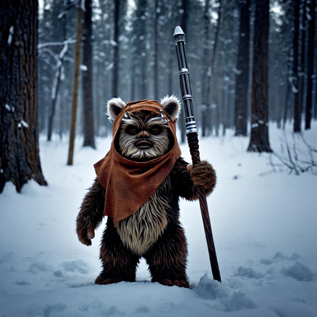 cinematic film still of  <lora:Ewok:1>
Ewok a Ewok with a lightsaber in the snow, detailed, sharp, cinematic, small, furry, mammaloid, bipeds in the Star Wars universe, solo, looking at viewer, holding, standing, male focus, weapon, outdoors, hood, holding weapon, tree, glowing, polearm, nature, cloak, glowing eyes, hood up, snow, forest, bare tree, bear
, shallow depth of field, vignette, highly detailed, high budget, bokeh, cinemascope, moody, epic, gorgeous, film grain, grainy