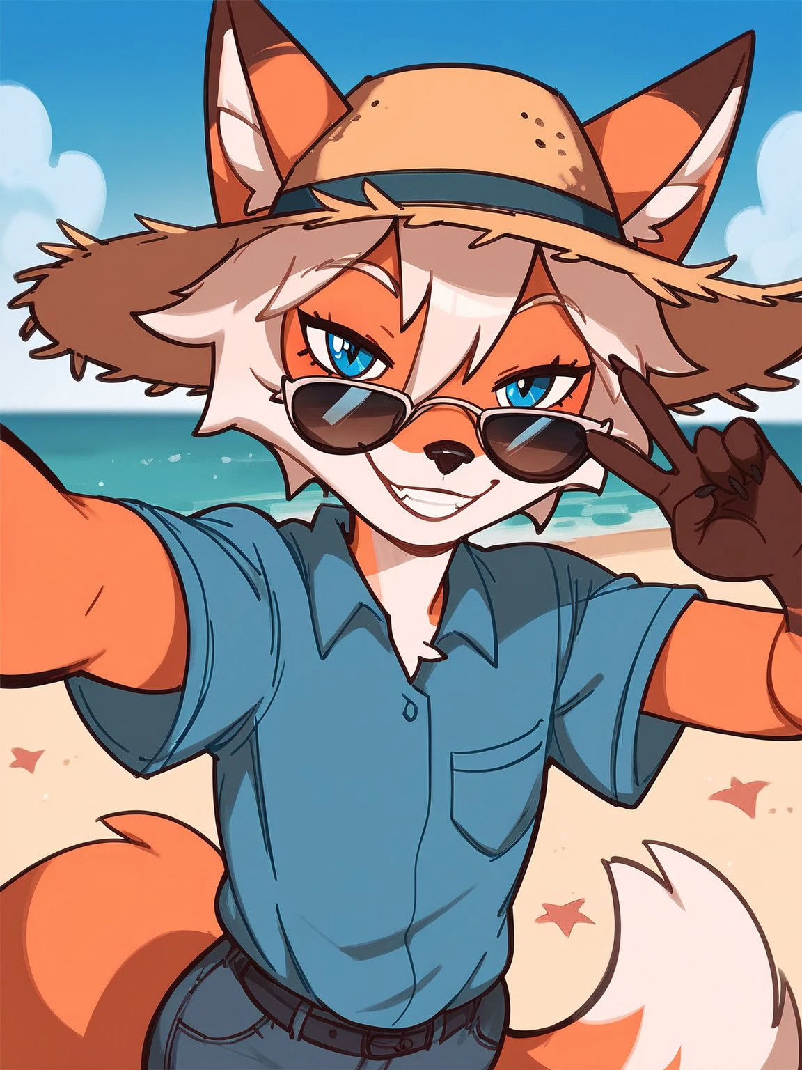 score_9, score_8_up, score_7_up, score_6_up, score_5_up, score_4_up, source_furry
Kenn, fox, peach hair, blue eyes, blue shirt, looking at viewer, straw hat, portrait, selfie, smile, v sign, beach, bedroom eyes, sunglasses,
 <lora:Kenn_XL:0.9>