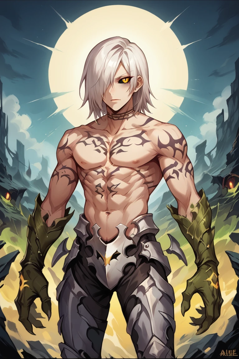 (score_9, score_8_up, score_7_up), source anime,  looking at viewer, <lora:Cardes:0.7> , cadef, 1boy, yellow eyes, black sclera, white hair, medium  hair, hair over one eye, topless male, green hands, oversized limbs, (tattoo), symmetrical tattoos, crotch plate, armored legs, armor, cowboy shot, adult male, <lora:Concept Art Eclipse Style LoRA_Pony XL v6:0.35> , concept art, realistic, solo, BREAK
exterior, hell, blue sky, glowing river, earthquake, <lora:backgroundsetXL:0.2> , background,