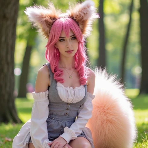 a photo of MCTamamo posing in the park. She has pink hair and fox ears and a fox tail