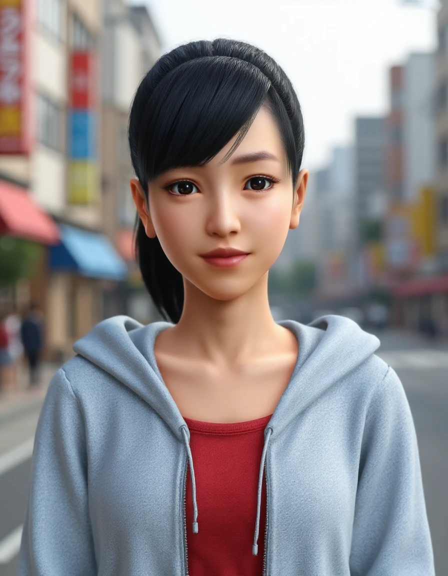 <lora:Haruka_Sawamura:1> Upper-body photo of hrkswmr. She has side-swept ponytail and is wearing a grey hoodie with red t-shirt underneath. The background implies a Japanese city street at daytime.