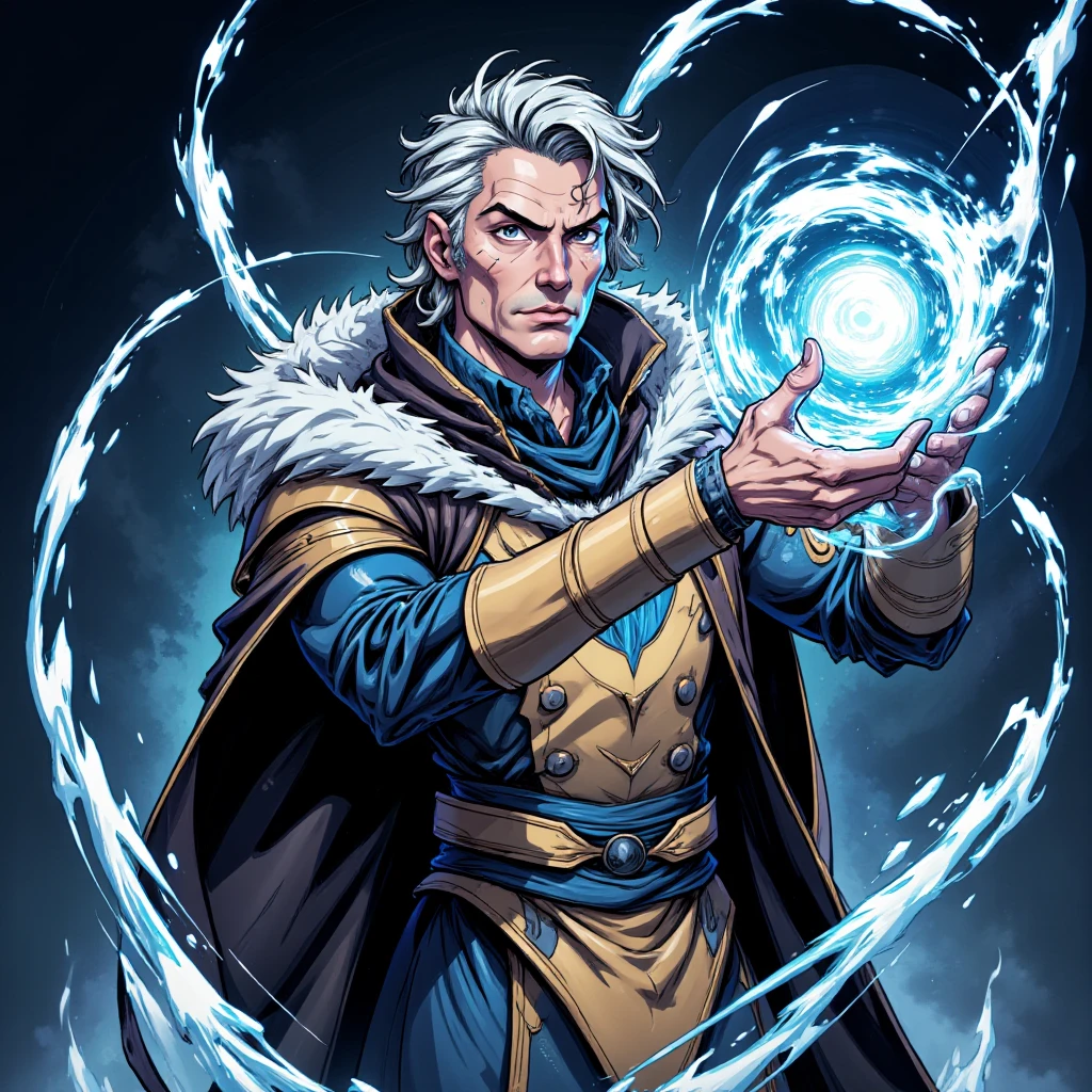 Anime-style depiction of a sorcerer with mystical powers, creating an energy swirl in his hands, captured with vibrant undefined<lora:marvelmixv1_rank16_bf16-step05000:0.9>