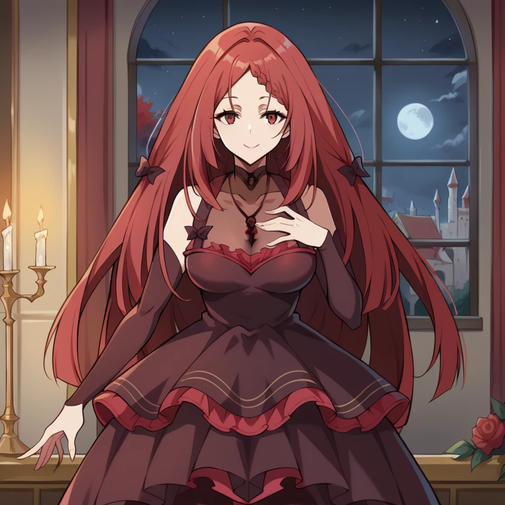 score_9_up, score_8_up, score_7_up, source_anime, 1girl, solo, Elisabeth, gothic castle, moon light, starry sky, night sky, candles, bedroom, standing, hand on chest, stretching hand towards you, seductive smile, red hair, long hair, red eyes, pantyhose, pleated skirt, layered skirt, frilled skirt, frilled dress, maroon sleeves, dark red sleeves, long sleeves, strap dress, shoulder straps, necklace, covered collarbone, dark red bow, braided bangs, covered breasts, maroon dress, dark red dress, mature body, dynamic cowboy shot, indoors, gothic background