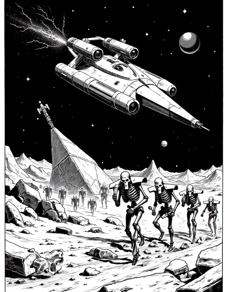 A Necron ship, illustrated in the sharp lines of a graphic novel, zooms through a star-streaked void, its angular form casting shadows over a shattered planet. Below, skeletal Necrons march silently across a desolate landscape.