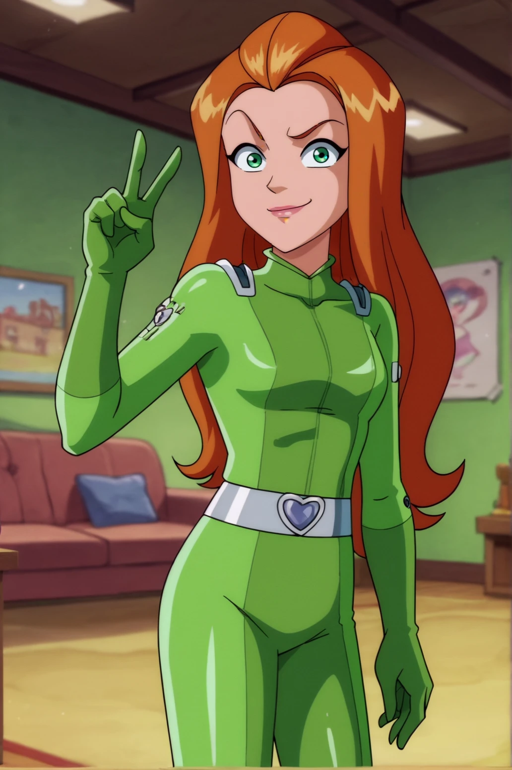 score_9, score_8_up, score_7_up,anime_source, source_anime, best background, detailed background, anime screencap,  Samantha Simpson, bodysuit, belt,solo, green bodysuit, indoors, smug, v fingers, victory fingers, <lora:JN_Samantha_Simpson:0.8>