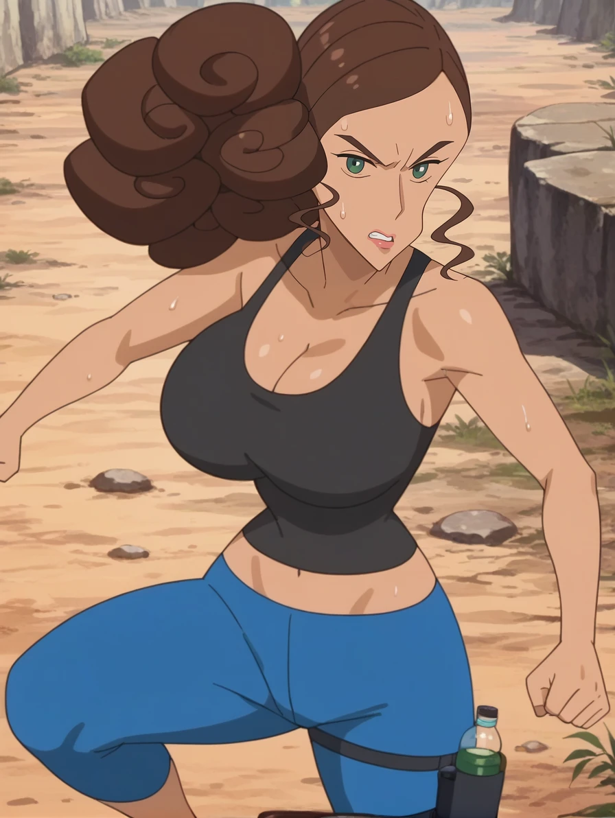 score_9,score_8_up,score_7_up,score_6_up,score_5_up,score_4_up,source_anime,uncensored,anime screencap,1girl,big breasts,BREAK
<lora:carorolina_v2:1> carorolinasb,black tank top,blue pants, green eyes,looking at viewer, solo,fallout,thigh holster,fighting pose,fist,annoyed,clenched teeth, cleavage, sweat,