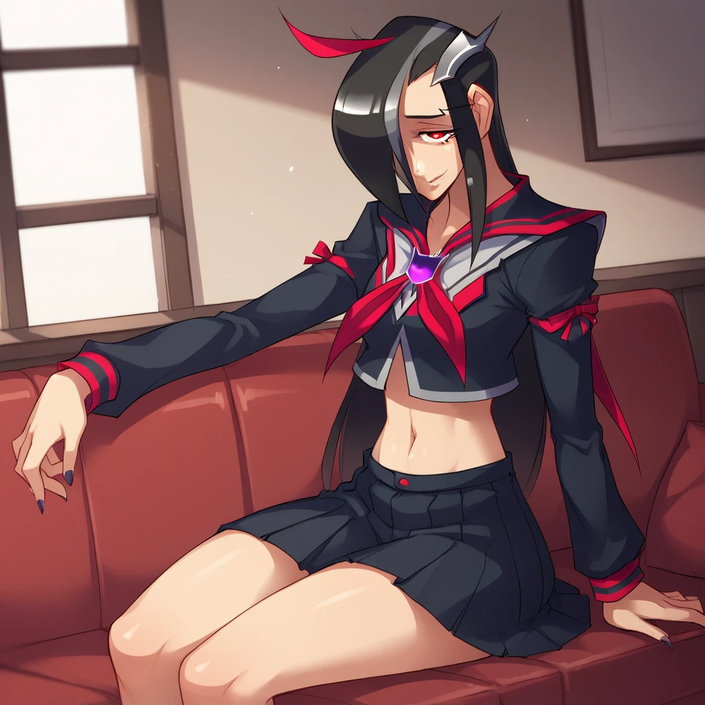 score_9_up, score_8_up, BREAK, StarScream, 1girl, solo, black hair, hair over eyes, red eyes, school uniform, midriff, black skirt, sitting on couch,  <lora:Starscream_RYUSEI-R_PXL_Leaf1:0.8>, indoors,