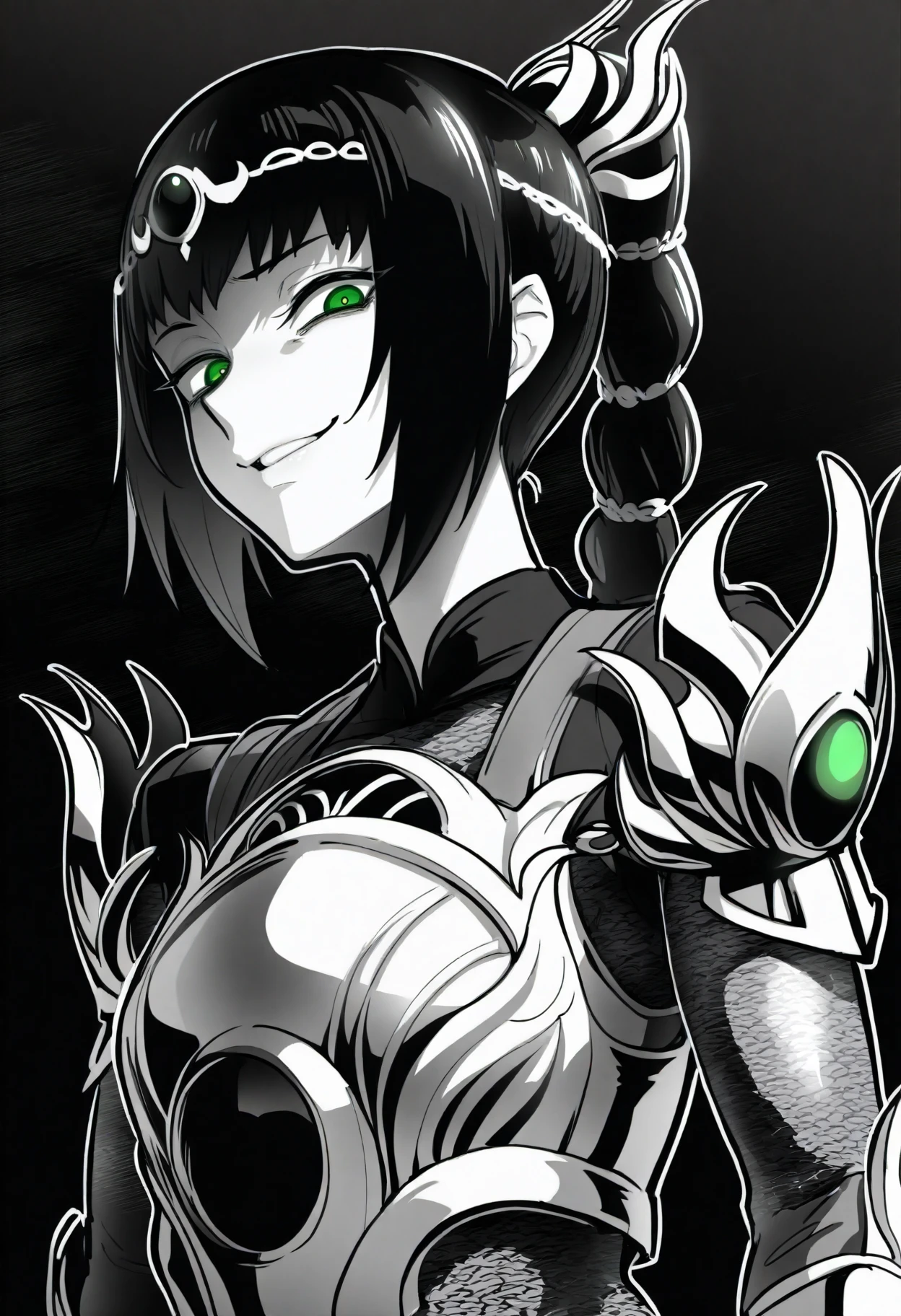 best quality, amazing quality, very aesthetic, absurdres,
monochrome, greyscale, ebiblue, gesugao, 
1girl, shadowheart, black hair, braided ponytail, green eyes, circlet, armor, 
(glowing eyes:0.5), smile, looking at viewer, solo, sketch, black background  <lora:EbiblueIllustriousXL_byKonan:1>  <lora:ShadowHeartIllustrious_byKonan:0.8>