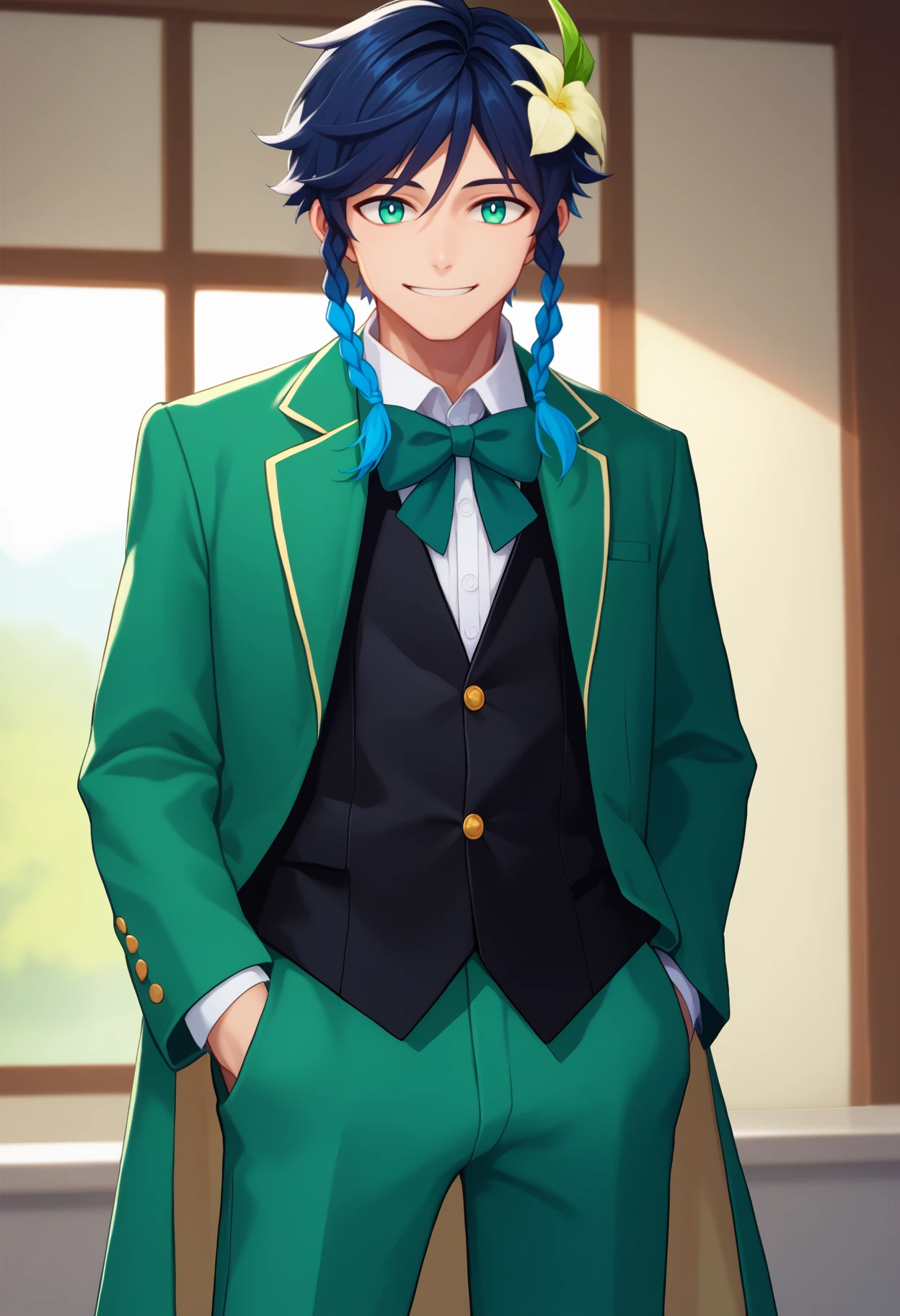 score_9, score_8_up, score_7_up, source_anime, <break> solo, male focus, 1boy, v3ntidef, smile, looking at you, standing, hands in pockets, multicolored hair, black hair, blue hair, short hair with long locks, twin braids, side braids, hair flower, white flower, green eyes, formal, tuxedo, green jacket, suit jacket, open jacket, long sleeves, white shirt, collared shirt, green bowtie, green pants, indoors
<segment:yolo-face_yolov8m.pt,0.4,0.5//cid=1>