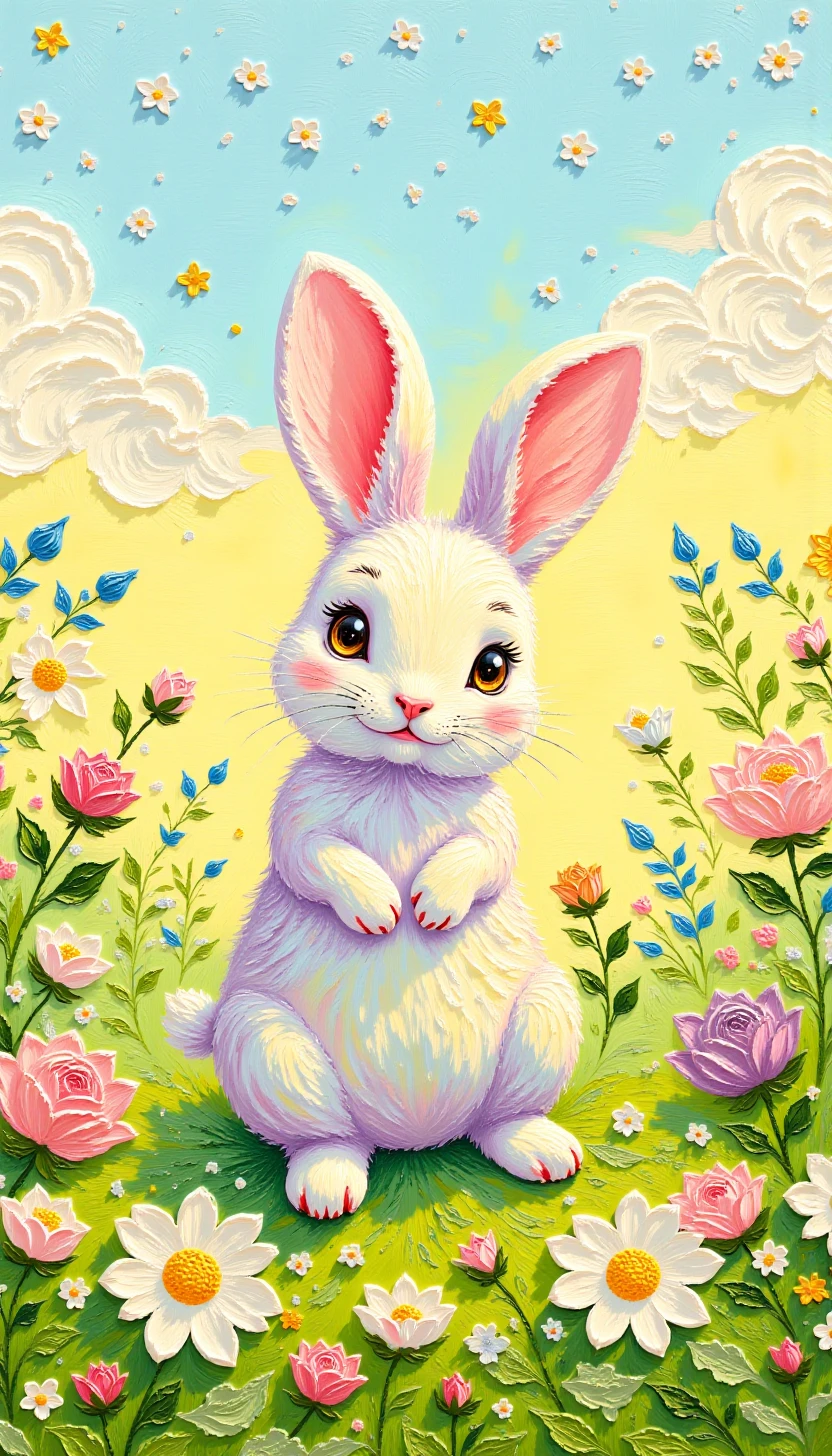 pinkoilpainting,,A charming, whimsical portrait of a bunny surrounded by delicate flowers and sparkling dewdrops on a sunny meadow.