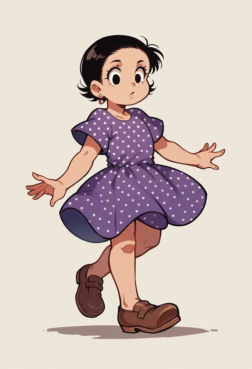 maria_cebolinha, 1girl, solo, short hair, black hair, dress, jewelry, full body, short sleeves, earrings, black eyes, purple dress, very short hair, brown shoes, polka dot, polka dot dress, red earrings,