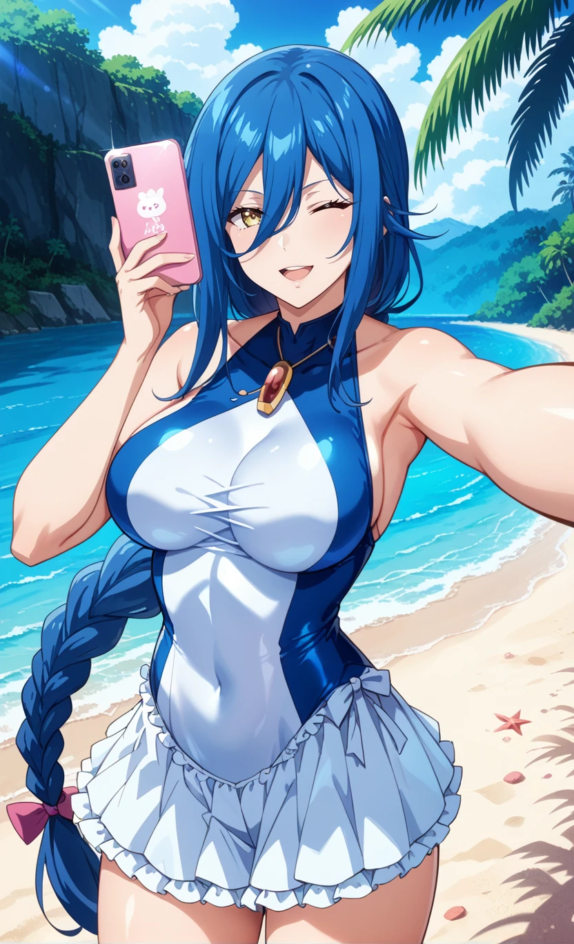 highschoolddKalawarnar, best quality, masterpiece, uncensored, 1girl,solo,
long hair,single braid, hair between eyes,yellow eyes,(half closed eyes:0.9),blue hair, shiny skin,breasts,legs,outdoors,beach,smirk one-piece swimsuit,frilled skirt  ,looking at viewer, ,open mouth  ,selfie ,,one eye closed  ,cowboy shot ,<lora:HighSchoolDDKalawarnar4thtail_9:1>