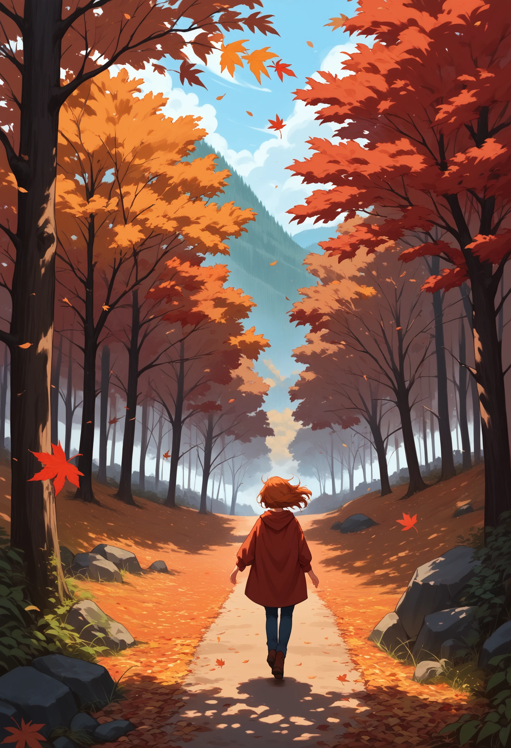 score_9, score_8_up, score_7_up, source_anime, landscape, forest, autumn, autumn leaves, falling leaves, maple leaf, flower, wind, red theme, cowboy shot