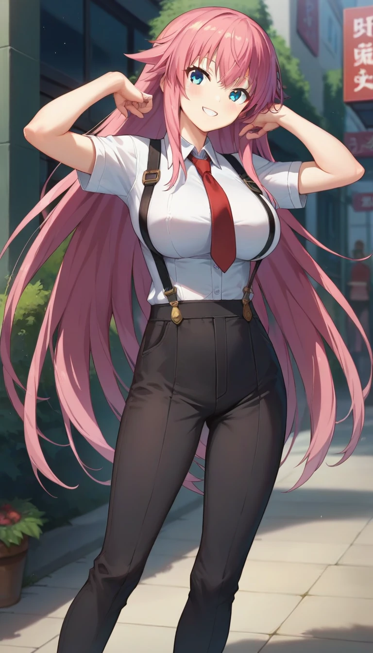 score_9,score_8_up,score_7_up,score_6_up BREAK official art,solo,outdoors,cowboy shot,looking at viewer,facing viewer,smile,blush,(petite:2),Aizawa Suzuka,very long hair,pink hair,sidelocks,bangs,blue eyes,suspenders,collared shirt,white shirt,red necktie,huge breasts,short sleeves,black pants,suit pants,brown footwear,<lora:Aizawa Suzuka(db)-Pony:1.4>,