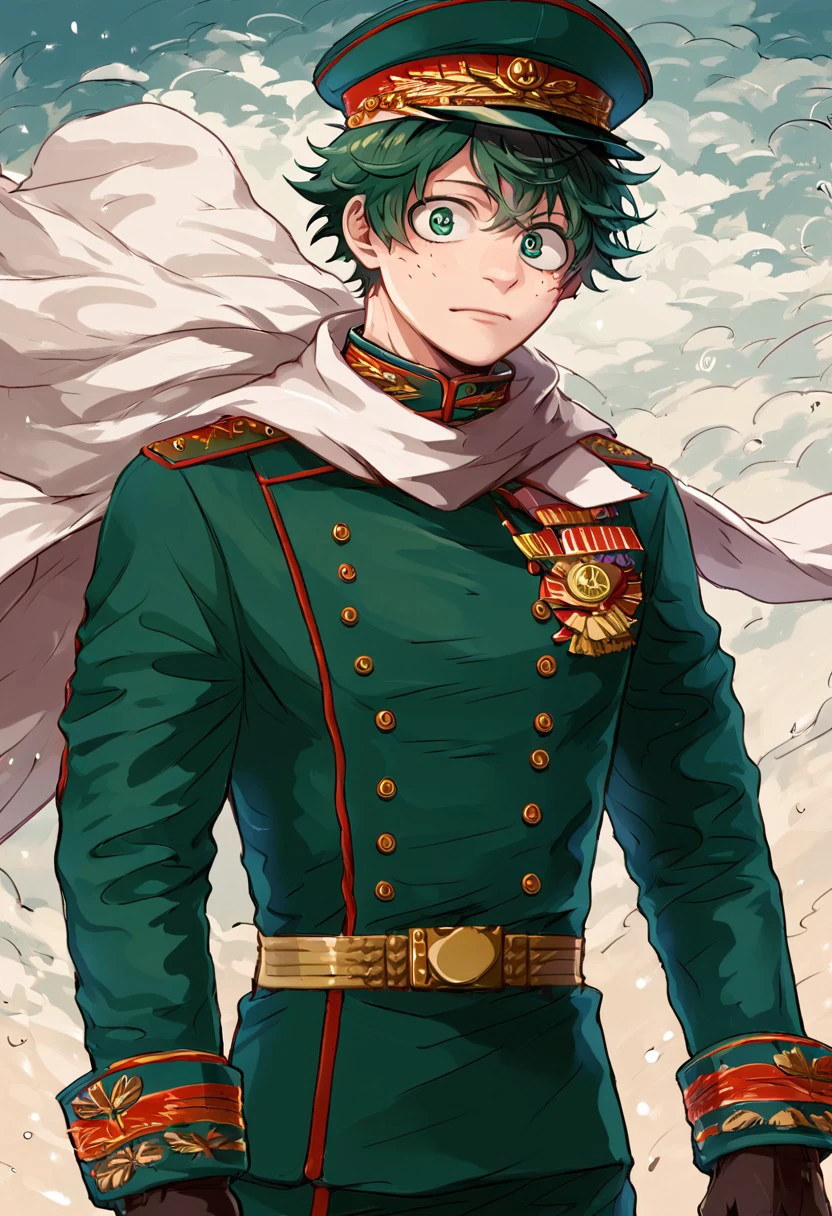 score_9, score_8_up, source_anime, highly detailed, highly detailed eyes,deku,green hair,green eyes,short hair,freckles,military uniform, medal, hat, gloves, boots, uniform, male focus, solo, Soviet Union uniforms, military,military jacket,medal,belt, skinny, slender