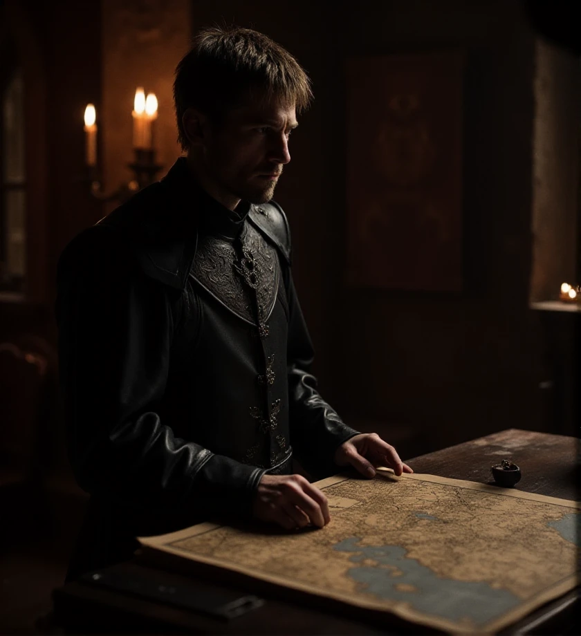 bokeh,  outdoor,  <lora:jaime-lannister-flux-j3mil4:1>game of thrones style,  j3mil4 in a long black robe decorated with the Lannister sigil, studying a map of the Westeros continent in a dark room, illuminated only by a candle.