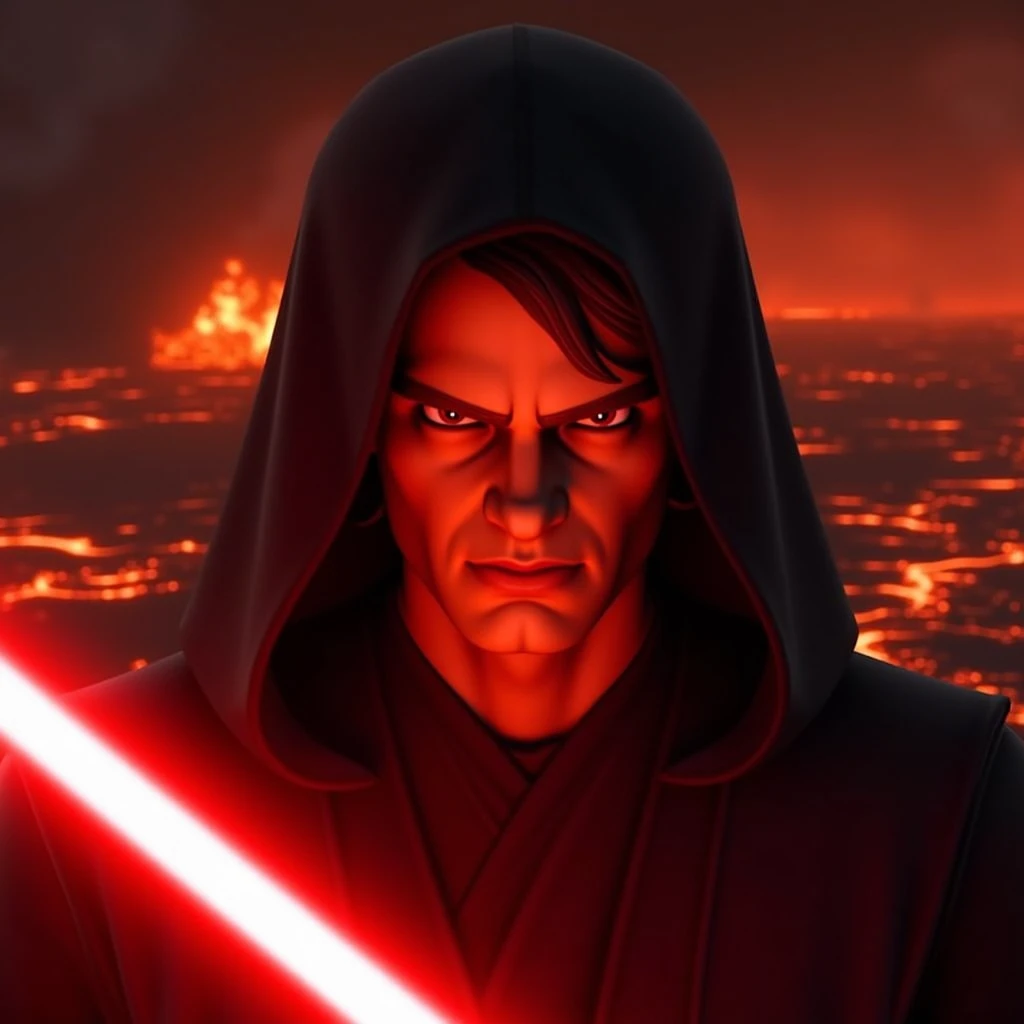 CGI,3D, TCWAK,  Anakin Skywalker, star wars, holding a red lightsaber, hood over his head, red eyes, angry, high quality, lava background, volcano, fire