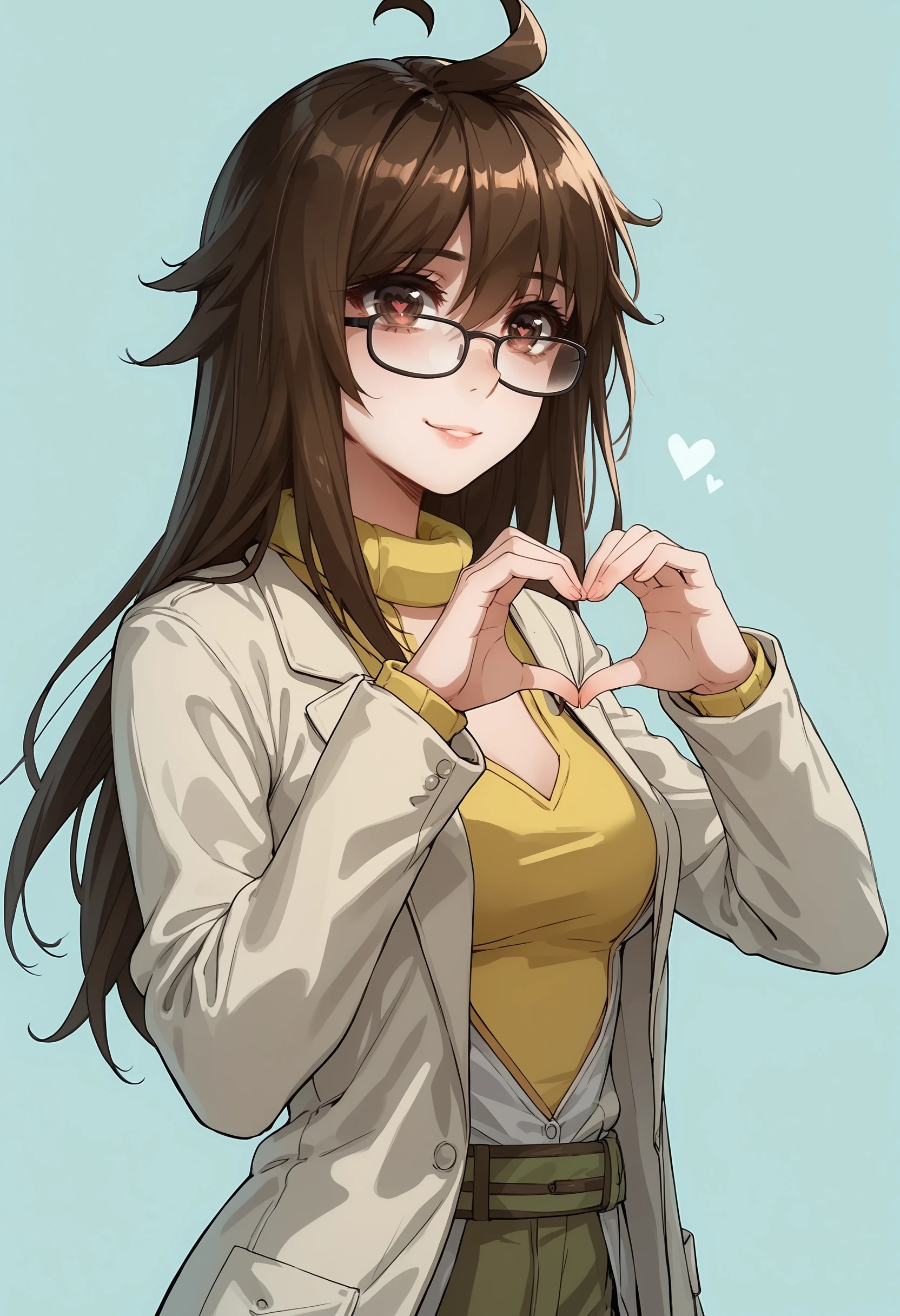 score_9, score_8_up, score_7_up, score_6_up, score_5_up, score_4_up, 1girl, <lora:JuZiSL2:0.85>  solo, brown hair, bangs, long hair, brown eyes, breasts, glasses, black-framed eyewear, labcoat, sweater, ahoge, smile, heart hands, heart pupils, 
light blue background, simple background,